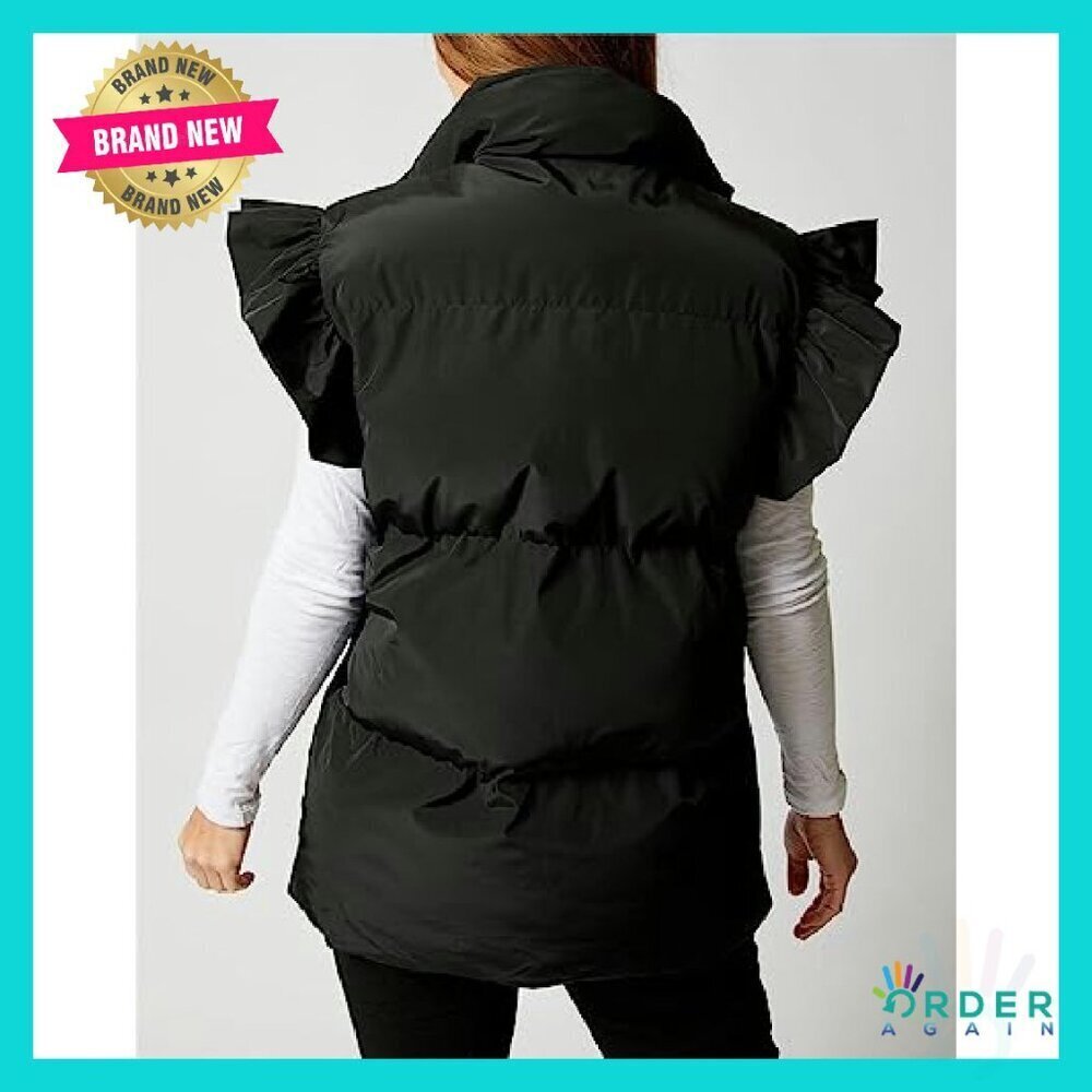 Ruffle Sleeve Puffer Vest Button Down Padded Gilet Chic Winter Outerwear - Picture 6 of 8